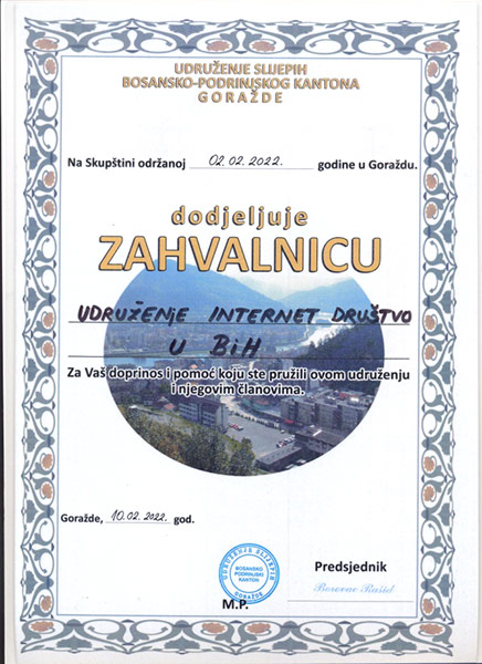 Acknowledgment of the Association of the Blind and Visually Impaired of Goražde awarded to the Internet Society in Bosnia and Herzegovina