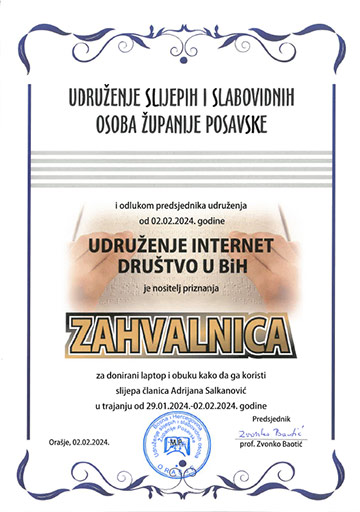 Certificate of Appreciation from the Association of Blind and Visually Impaired People of Posavska Orašje County
